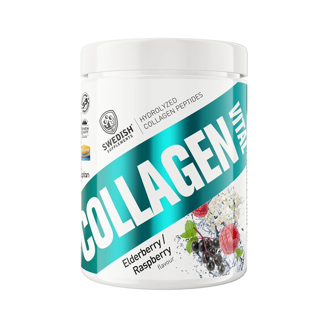 Swedish Supplements Collagen Vital 400 g kollagenpulver i en vit burk med turkosa detaljer och smak av Elderberry Raspberry.