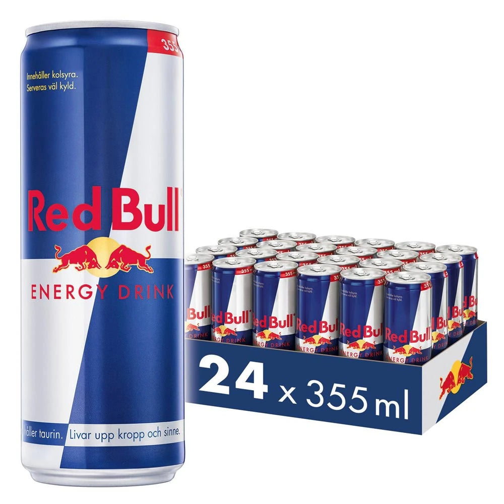 24 x Red Bull Energidryck 355 ml Original i ett blått flak med klassiska blå och silverfärgade burkar.