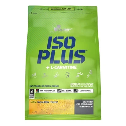 Olimp Iso Plus 1.5 kg isotonisk sportdryck i pulverform, förpackad i en ljusgrön påse med blå text.