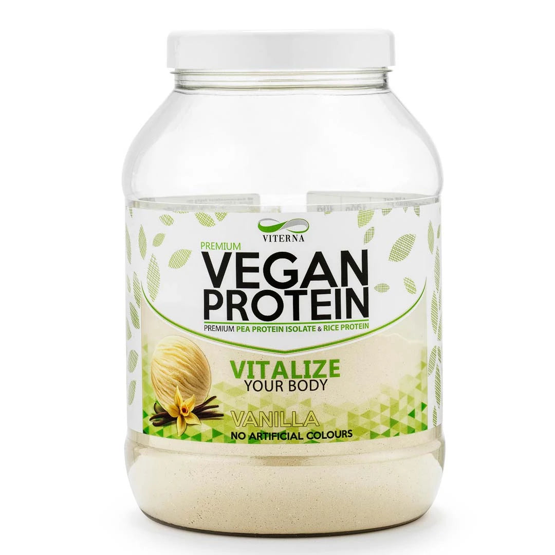 Viterna Vegan Protein 900 g proteinpulver i en transparent burk med gröna detaljer för smaken Vanilla., bild 1 av 2
