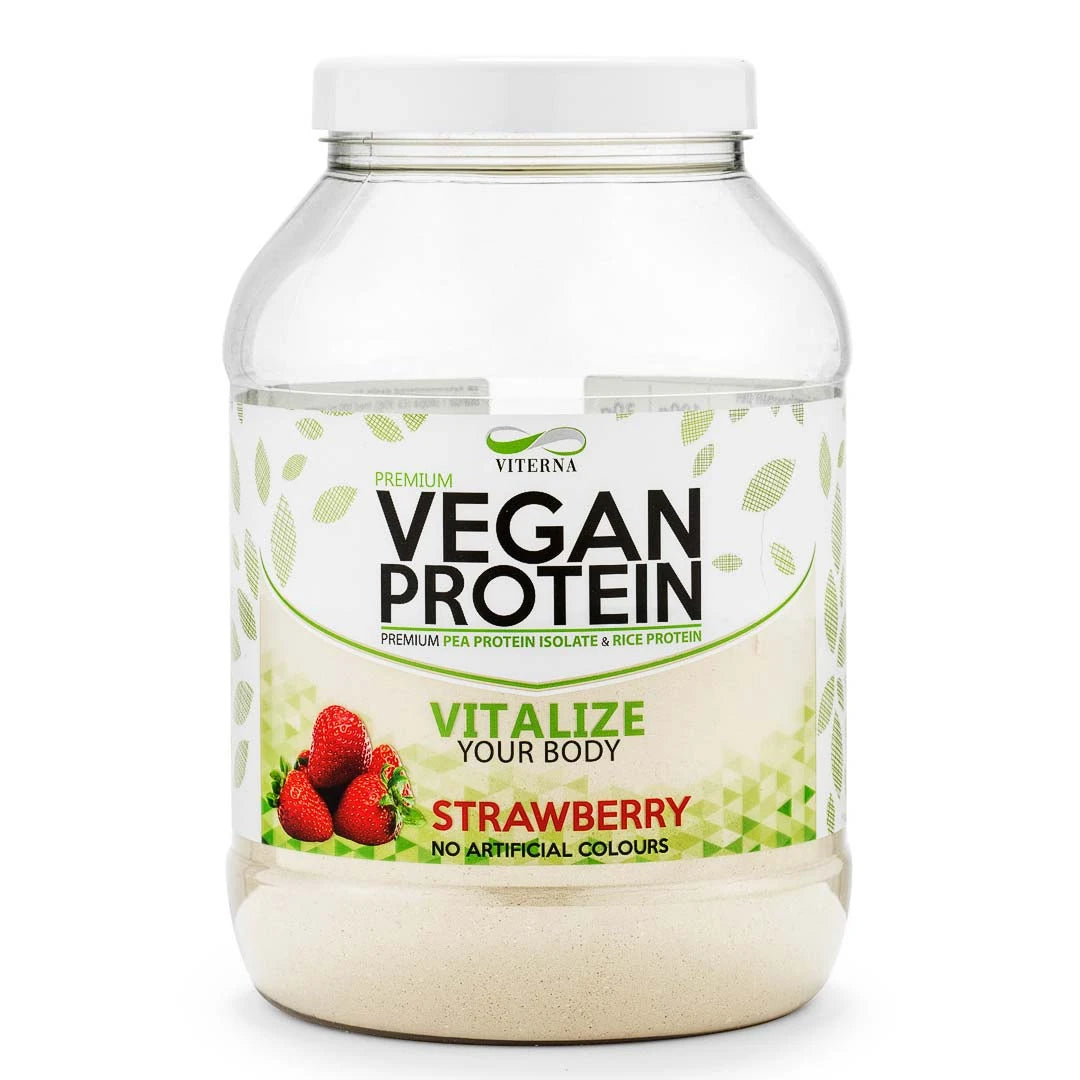 Viterna Vegan Protein 900 g veganskt proteinpulver i en transparent burk med vit etikett och smaken Strawberry.