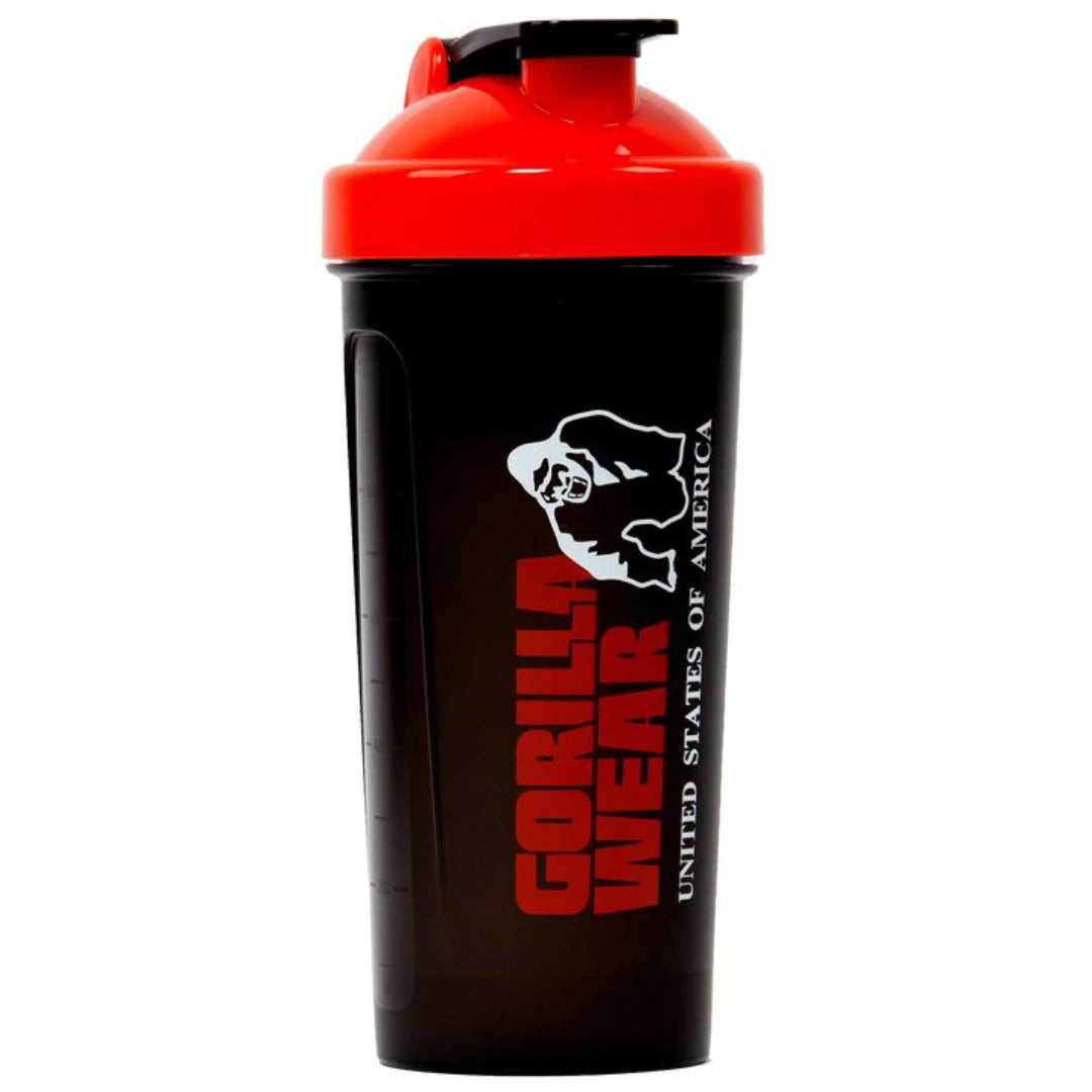 Gorilla Wear XXL Shaker Black & Red är en rymlig 1-litersshaker i svart plast med rött lock och tryckt logotyp.