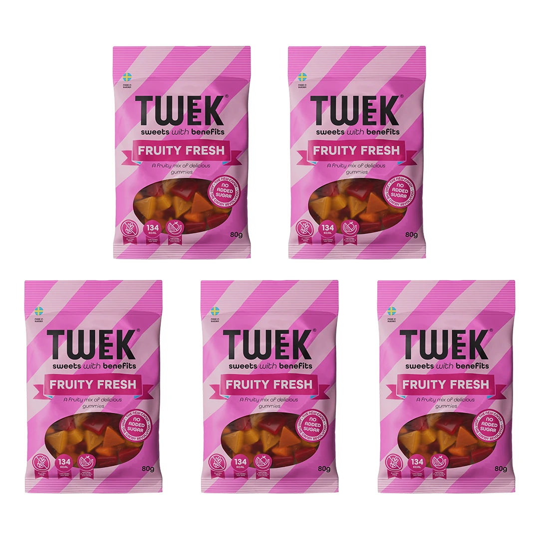 5 x Tweek Sweets 80 g Fruity Fresh godispåsar i rosa färg med fönster som visar de färgglada fruktgodisarna inuti.