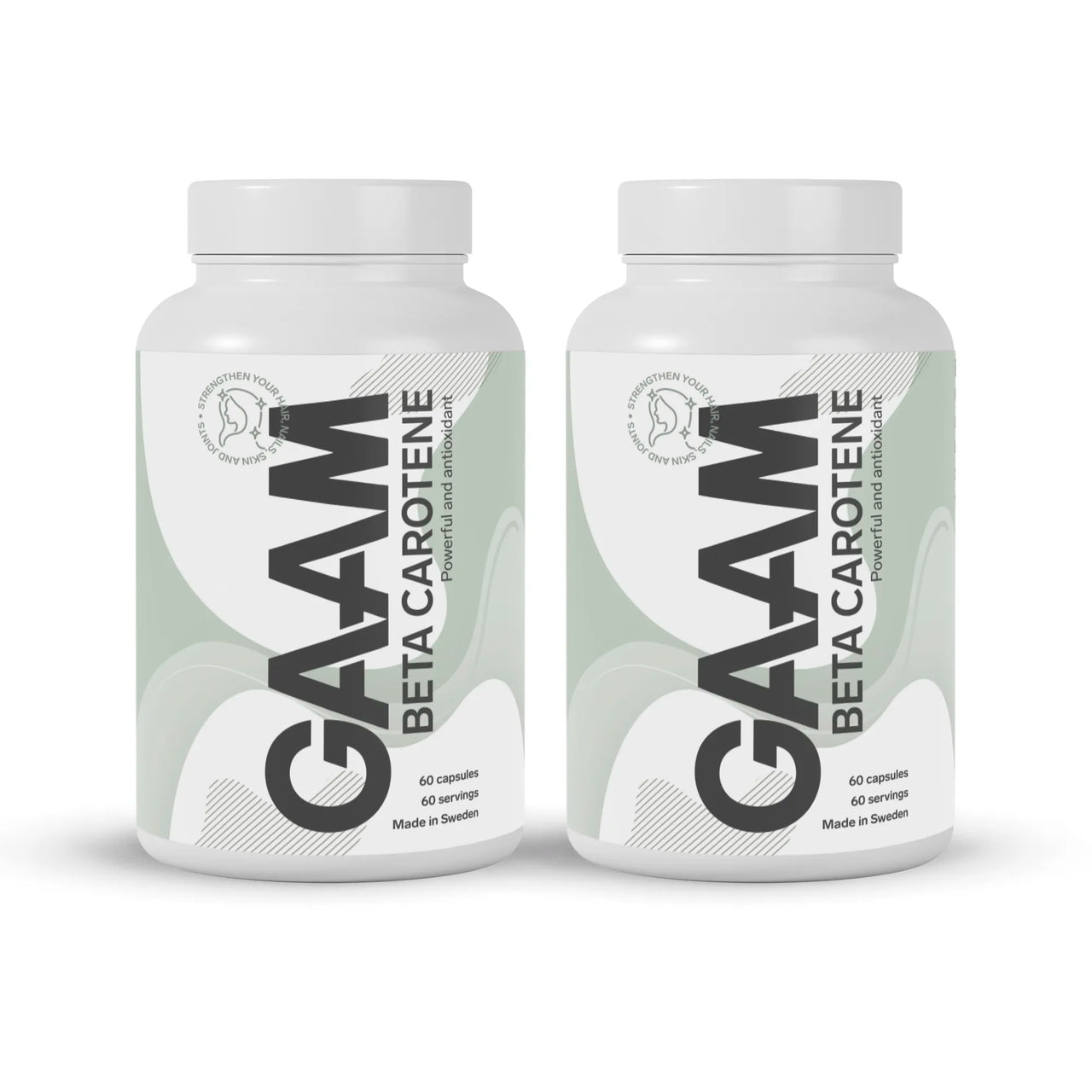 2 x GAAM Betakaroten 60 caps i två vita burkar med gröna och gråa detaljer.