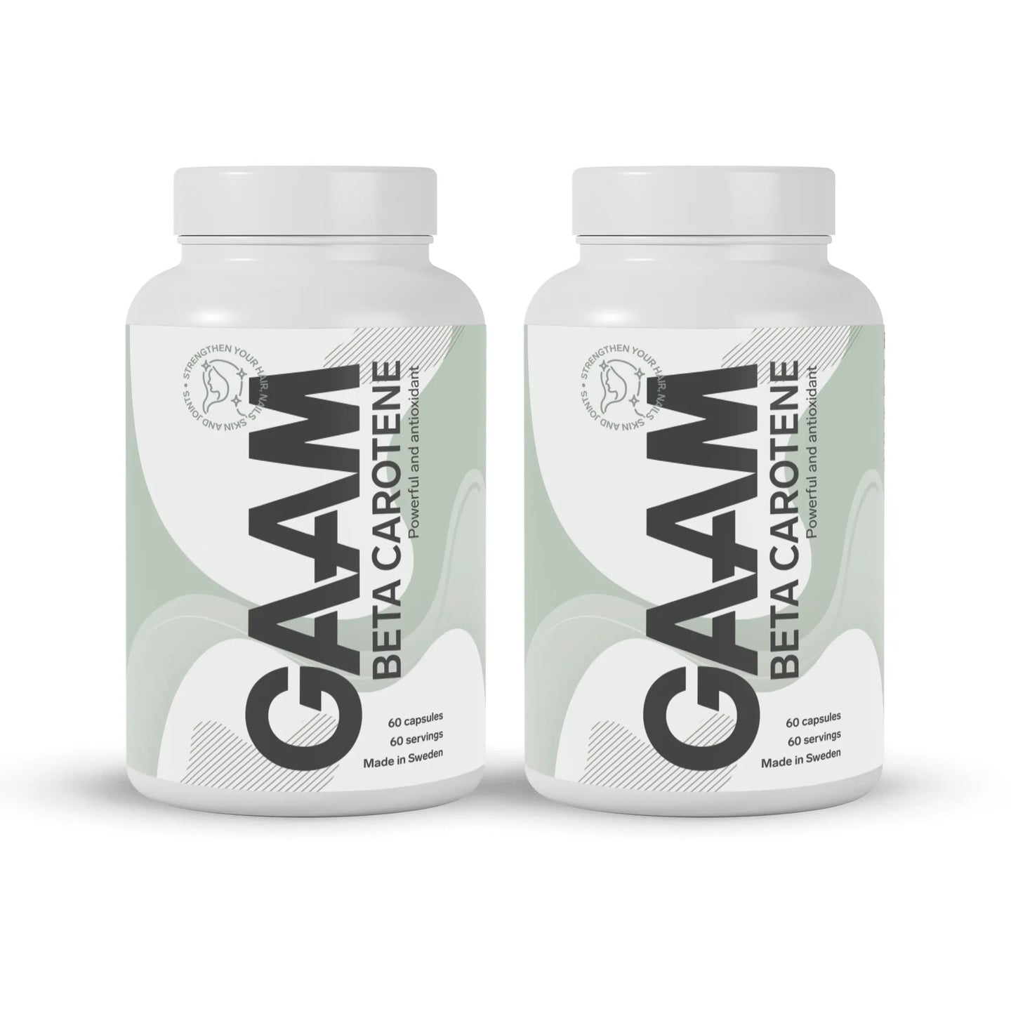 2 x GAAM Betakaroten 60 caps i två vita burkar med gröna och gråa detaljer.