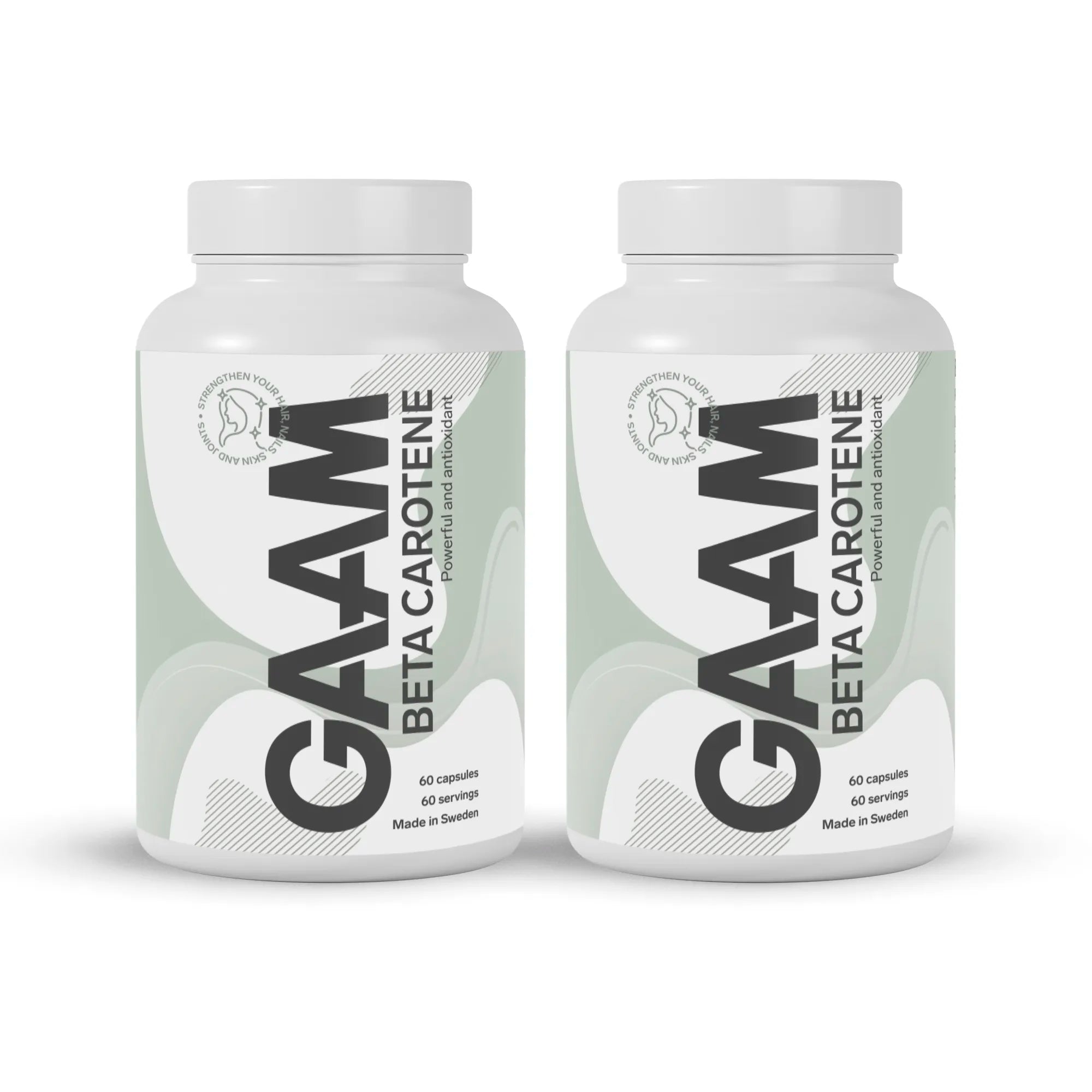 2 x GAAM Betakaroten 60 caps i två vita burkar med gröna och gråa detaljer.