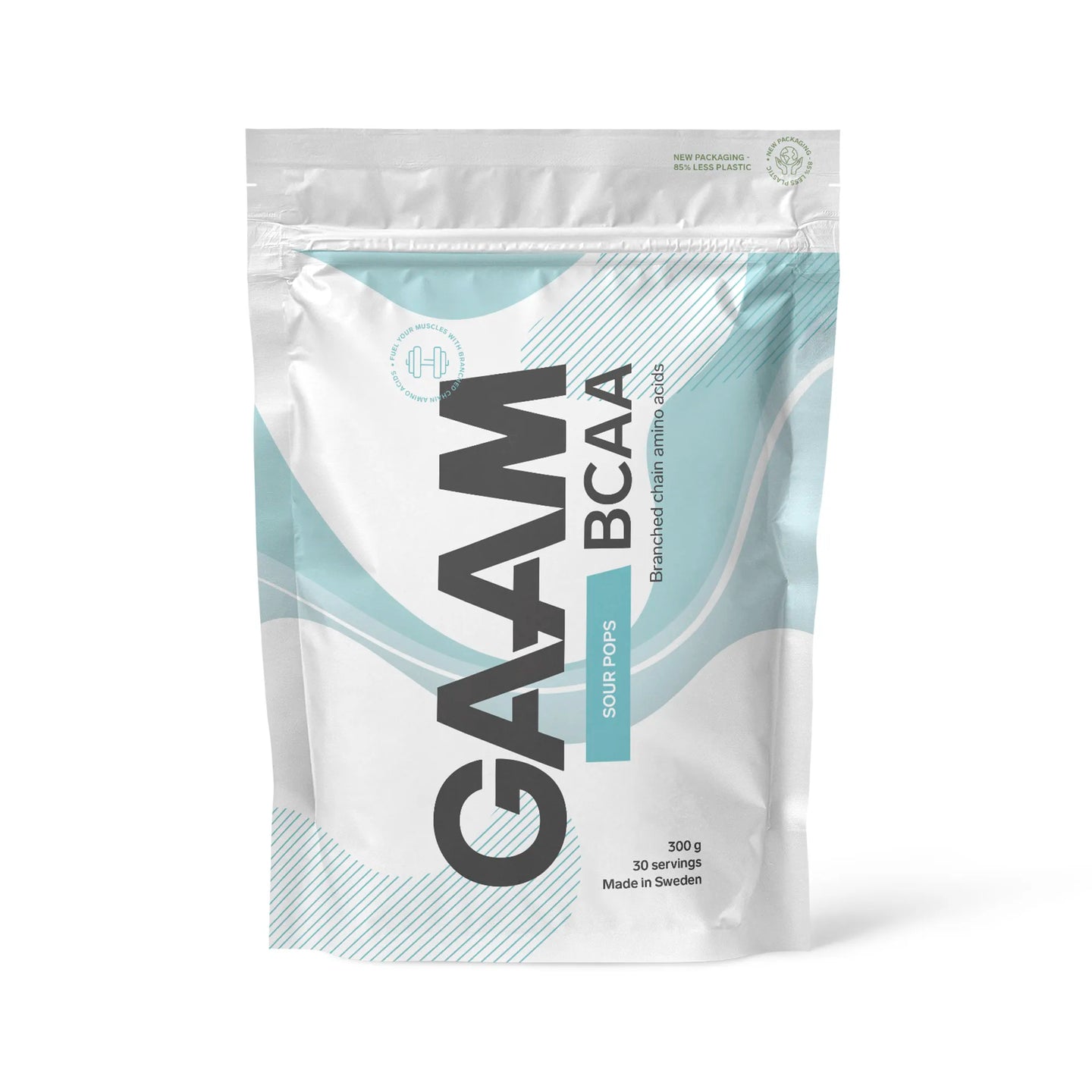 GAAM BCAA 300 g aminosyror i en vit påse med ljusblå detaljer för smaken Sour Pops.