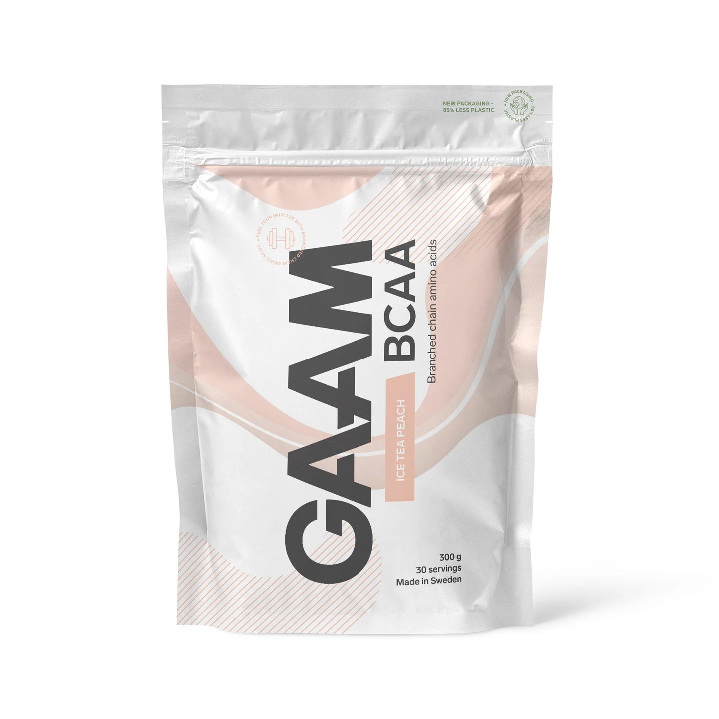 GAAM BCAA 300 g i en vit påse med persikofärgade detaljer för smaken Ice Tea Peach.