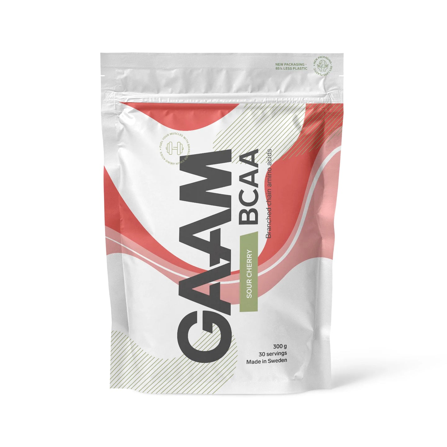 GAAM BCAA 300 g aminosyror i en vit påse med röda detaljer för smaken Sour Cherry.