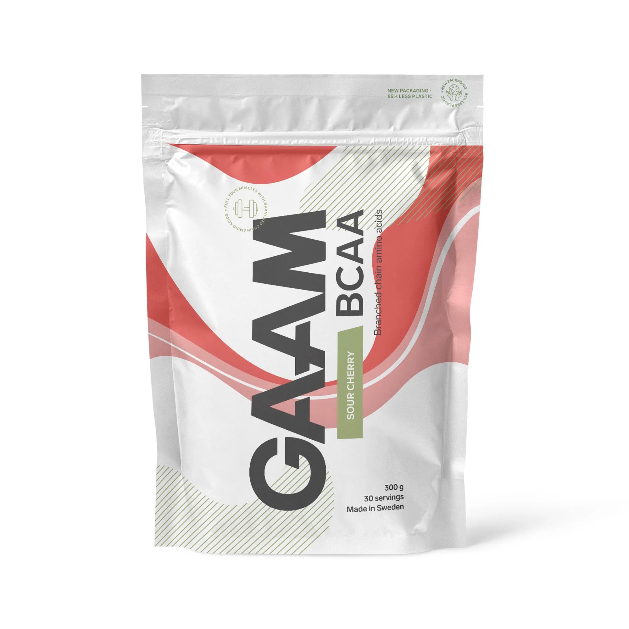 GAAM BCAA 300 g aminosyror i en vit påse med röda detaljer för smaken Sour Cherry.