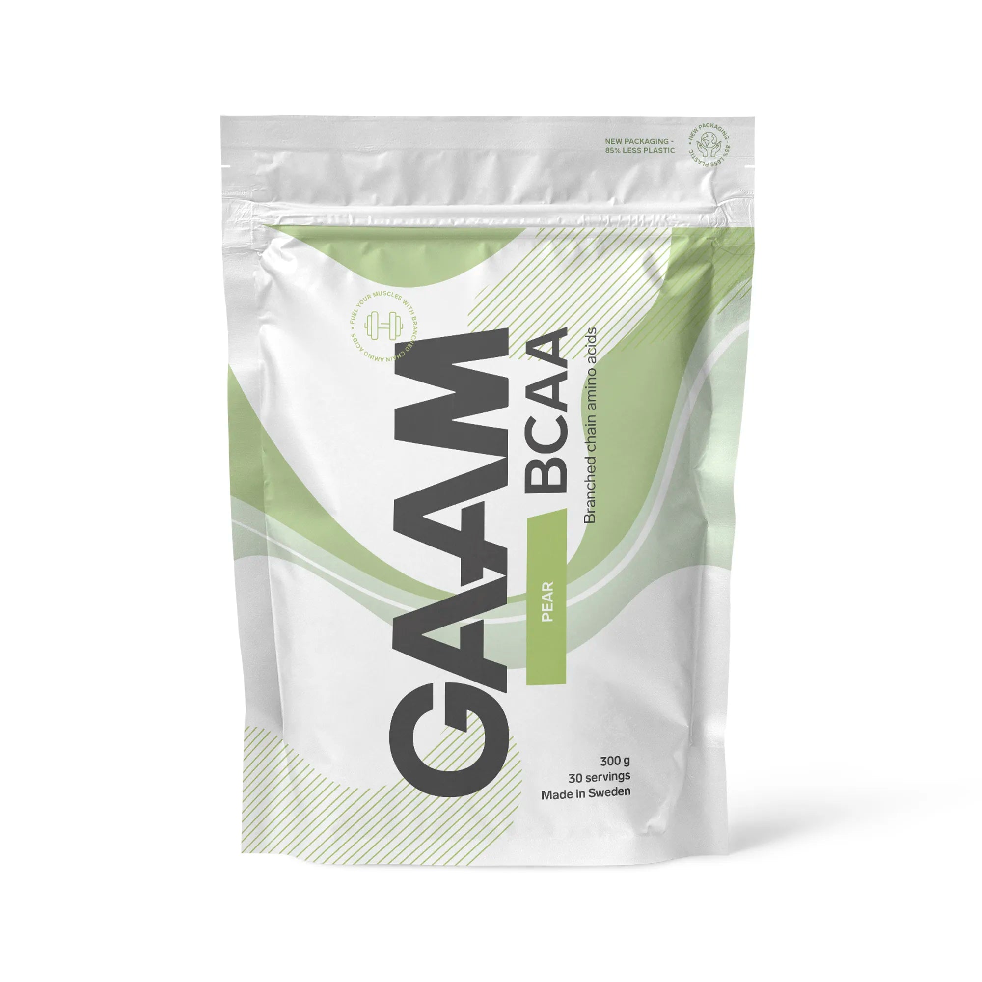 GAAM BCAA 300 g aminosyror i en vit påse med ljusgröna detaljer för smaken Pear.