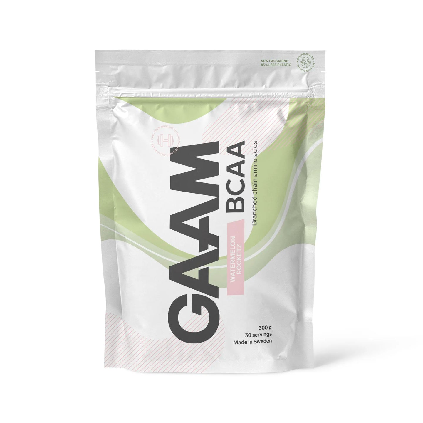 GAAM BCAA 300 g aminosyror i en vit påse med gröna och rosa detaljer för smaken Watermelon Rocketz.