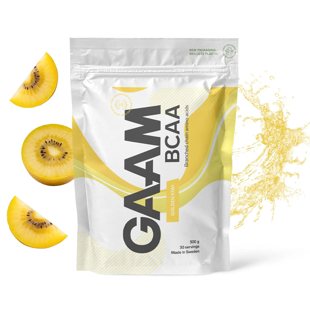 GAAM BCAA 300 g aminosyror i en vit påse med gula detaljer för smaken Golden Kiwi.