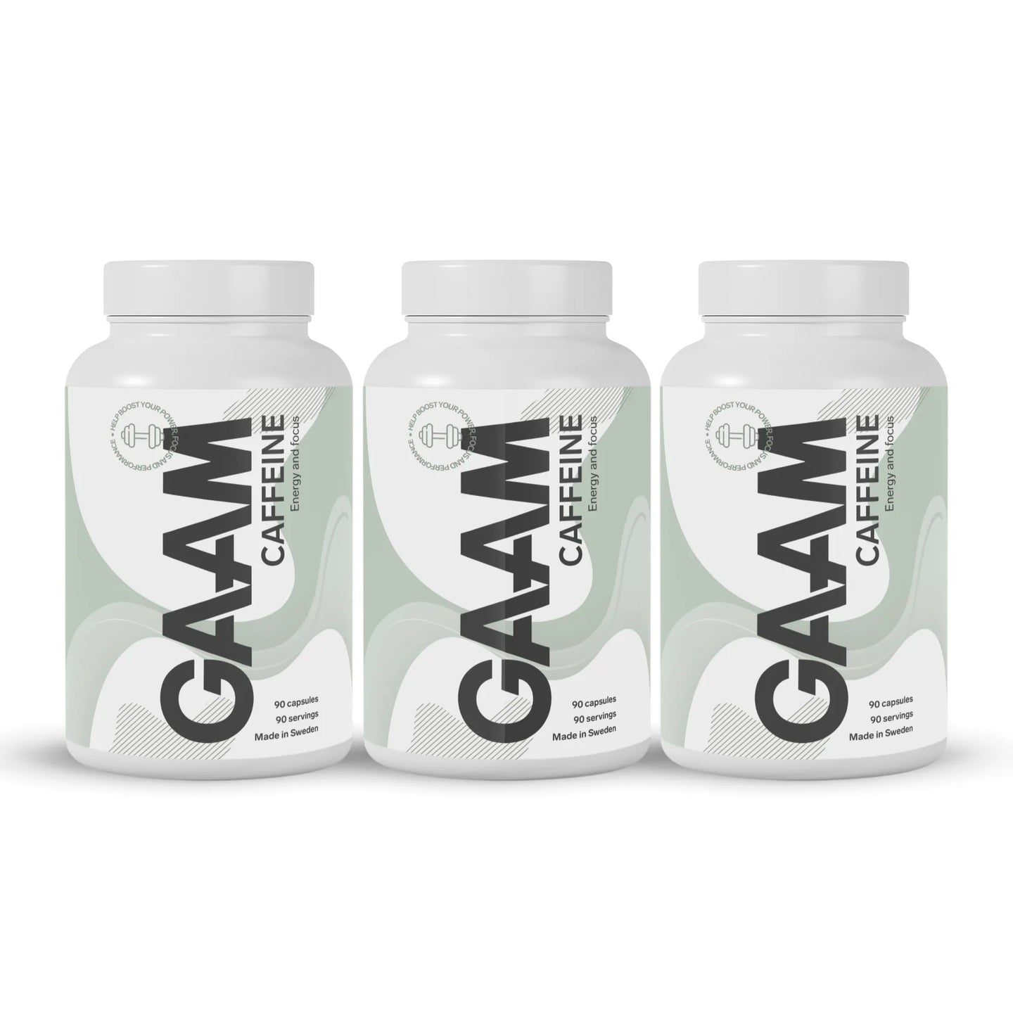 3 x GAAM Caffeine 90 tabs i tre vita burkar med svarta bokstäver och mönster i gröna nyanser.