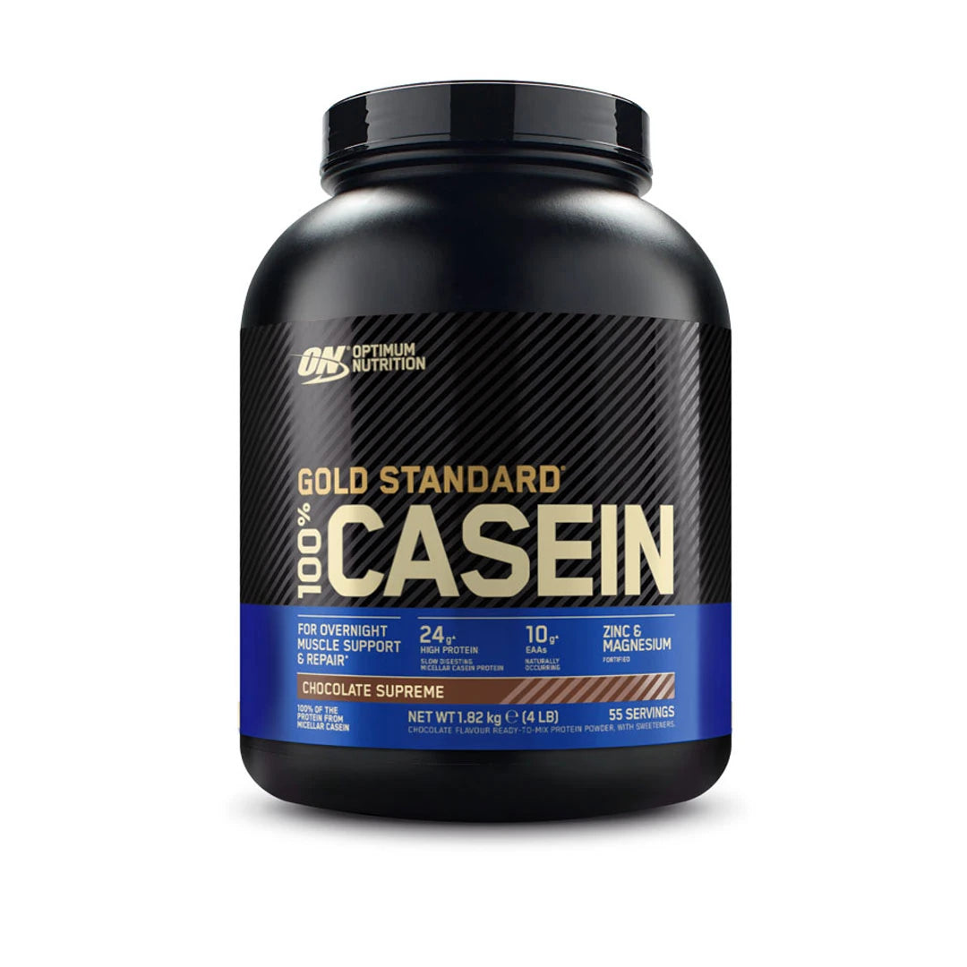 Optimum Nutrition 100% Casein Gold Standard 1.8 kg i en svart burk med blå detaljer för smaken Chocolate Supreme.