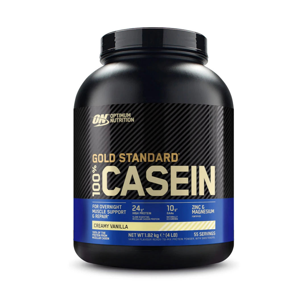 Optimum Nutrition 100% Casein Gold Standard 1.8 kg proteinpulver i en svart burk med smaken Creamy Vanilla.