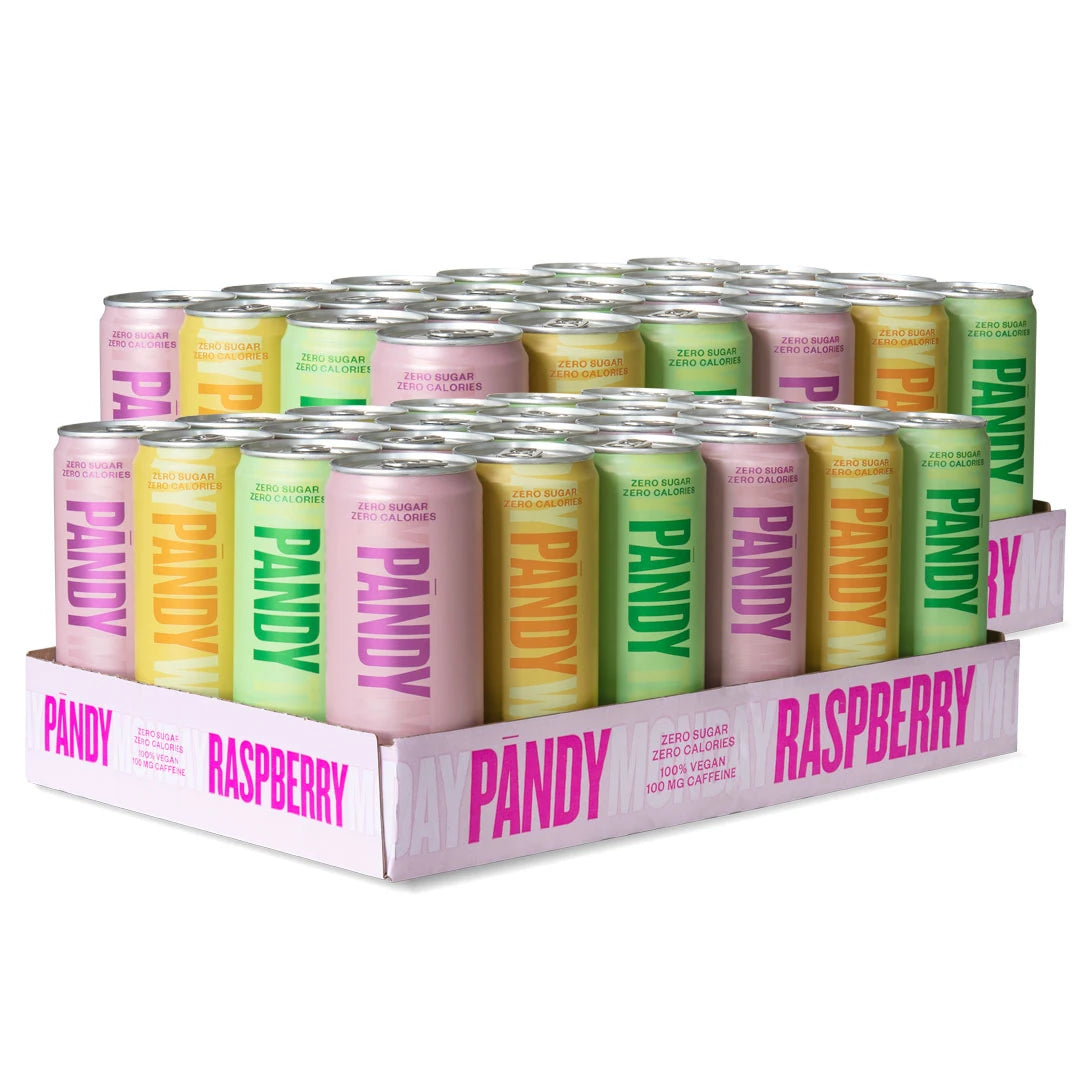 48 x Pändy Soda Energy Drink 330 ml Mixflak med två vita flak fyllda med rosa, gula och gröna burkar med olika smaker.