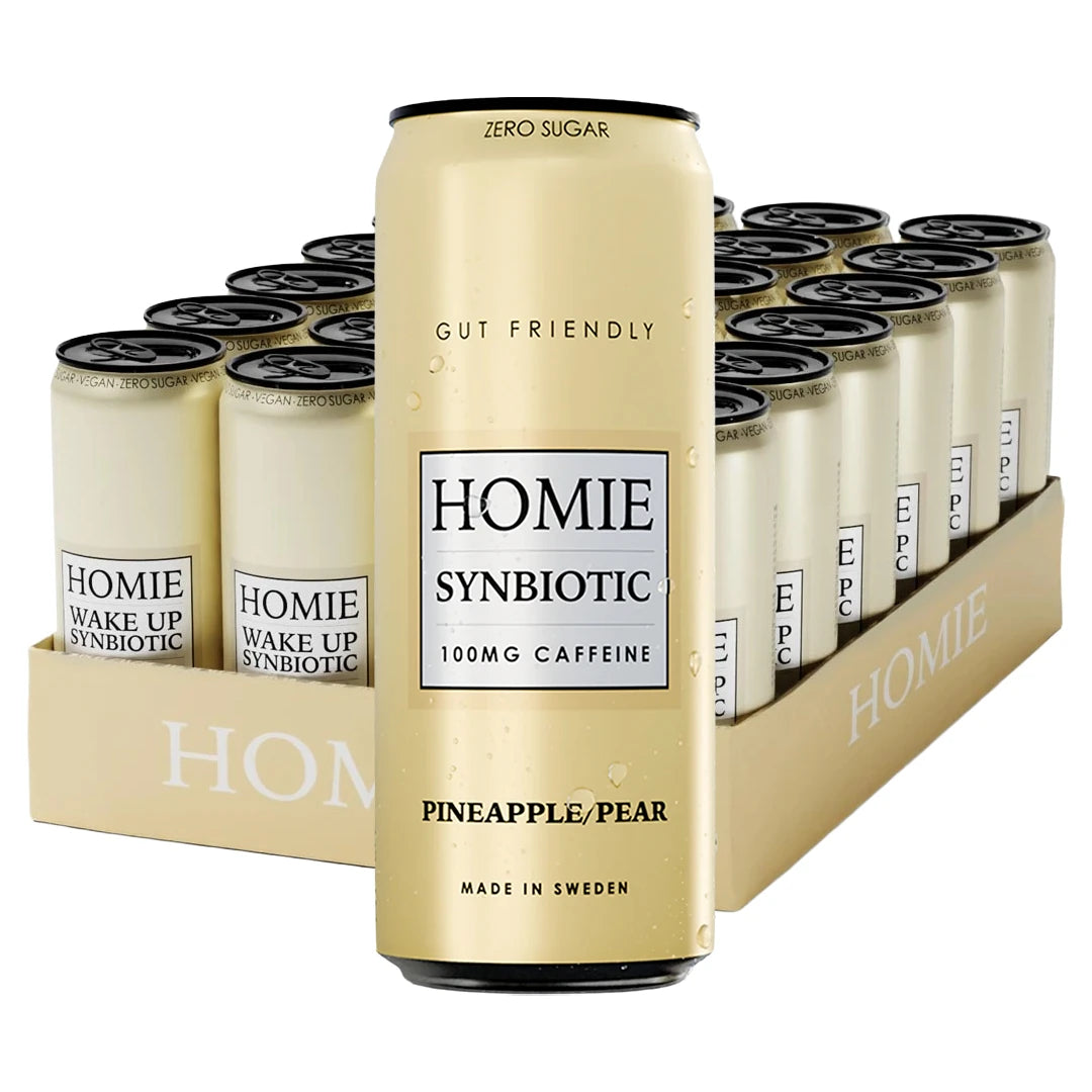 24 x Homie Wake Up Synbiotic 330 ml Pineapple Pear i ett beige flak med ljusgula burkar.