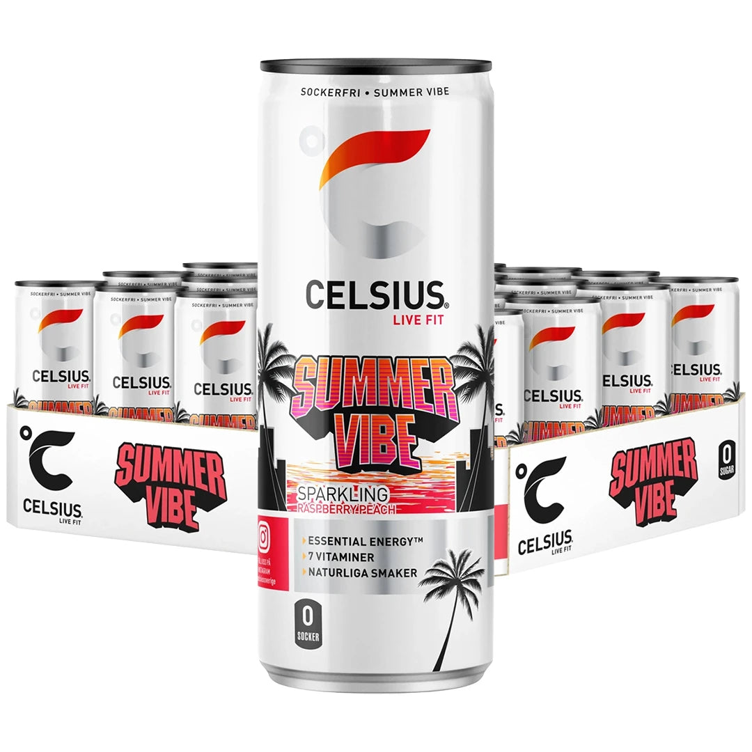 24 x Celsius 355 ml Summer Vibe - Raspberry Peach energidryck i ett vitt flak med burkar dekorerade med palmer och solnedgång.