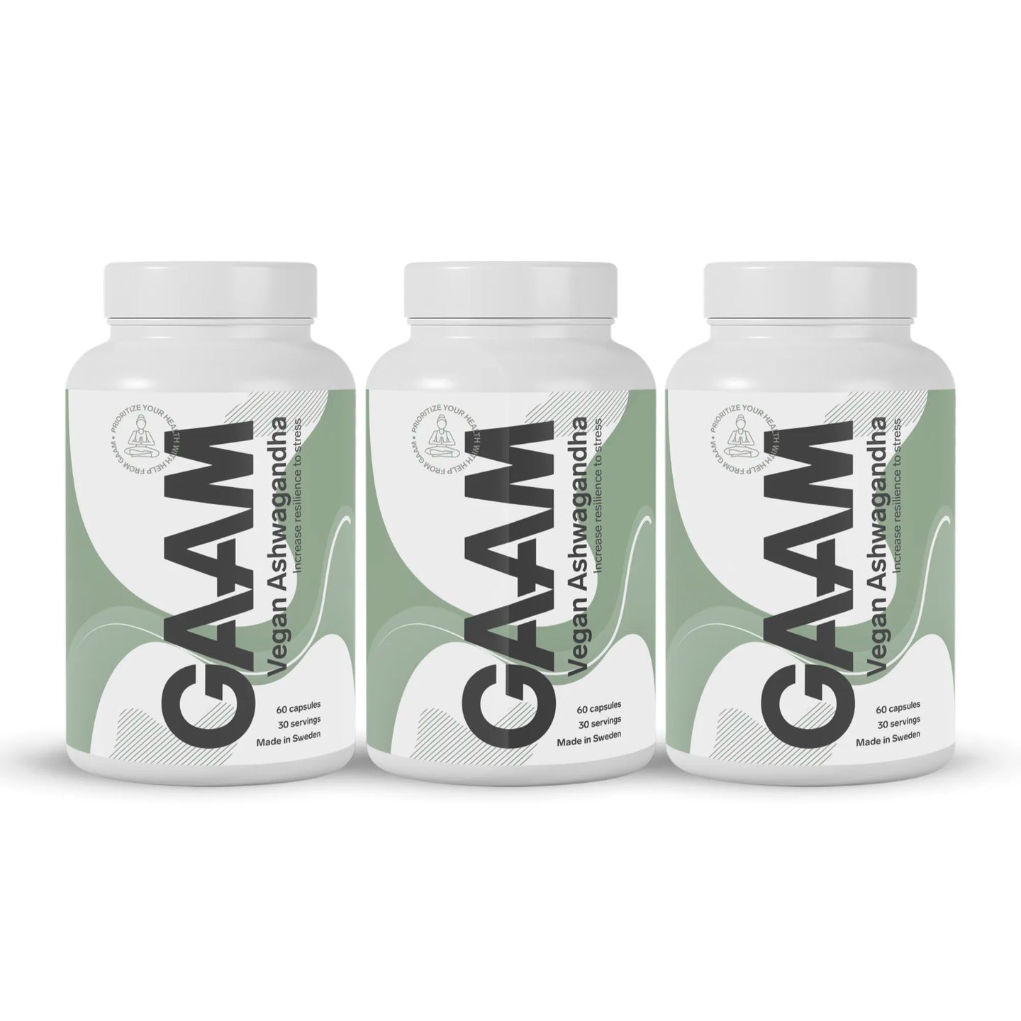 3 x GAAM Vegan Ashwagandha 60 caps i tre vita burkar med gröna och svarta detaljer.