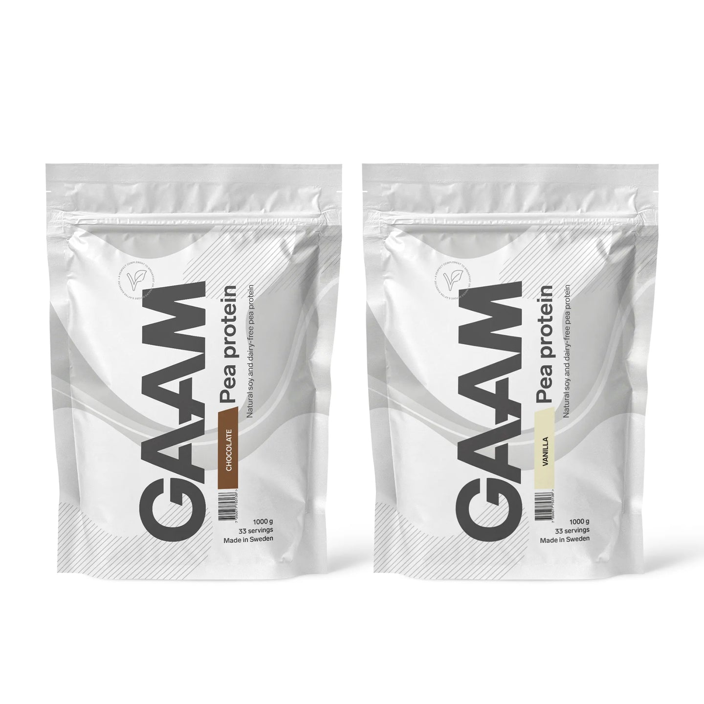2 x GAAM Pea Protein 1 kg veganskt proteinpulver i två vita påsar för smakerna Chocolate och Vanilla.