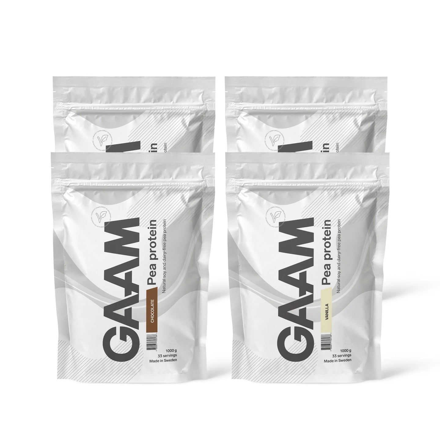 4 x GAAM Pea Protein 1 kg i vita påsar med svarta detaljer för smakerna Chocolate och Vanilla.
