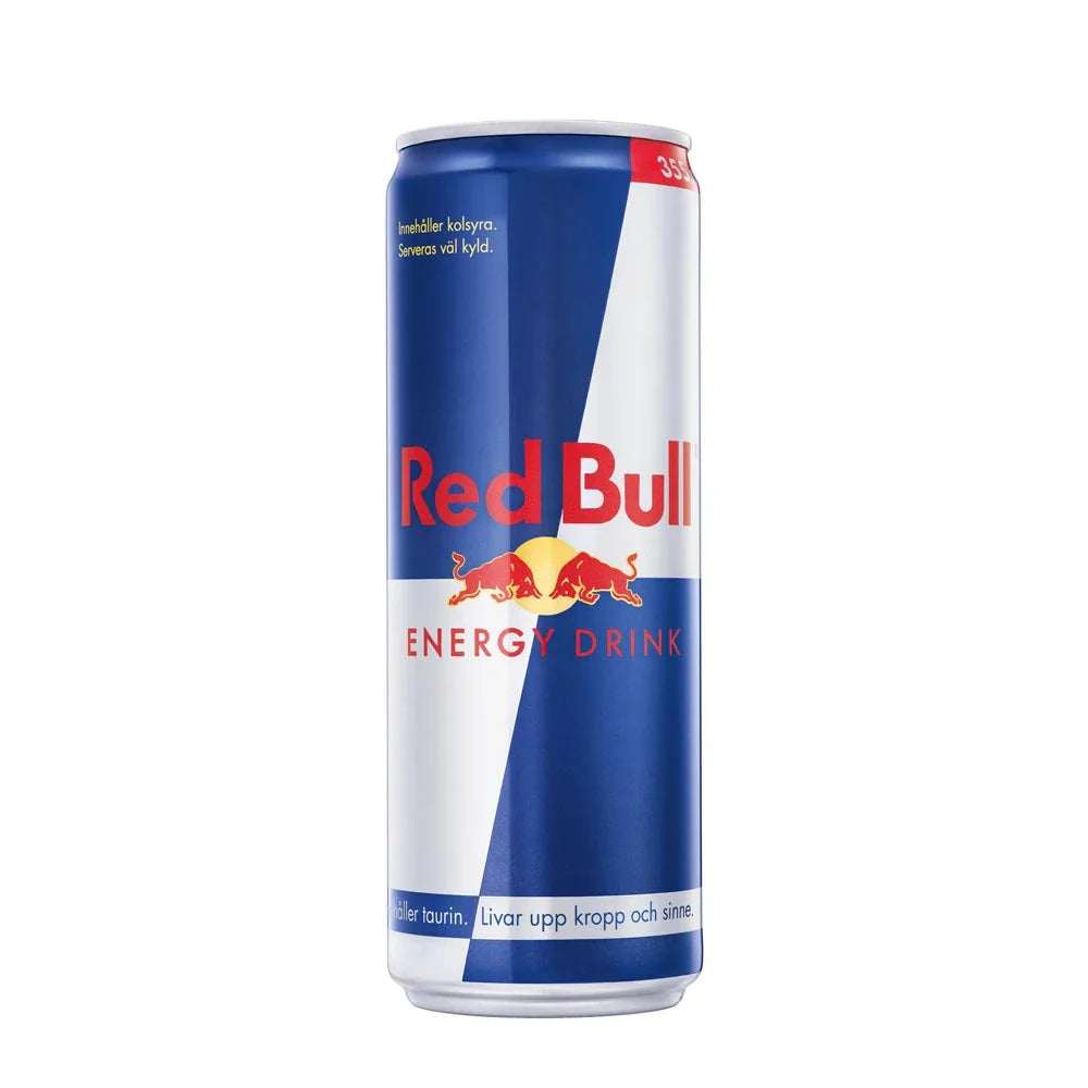 Red Bull Energidryck 355 ml i en klassisk blå och silvrig aluminiumburk.