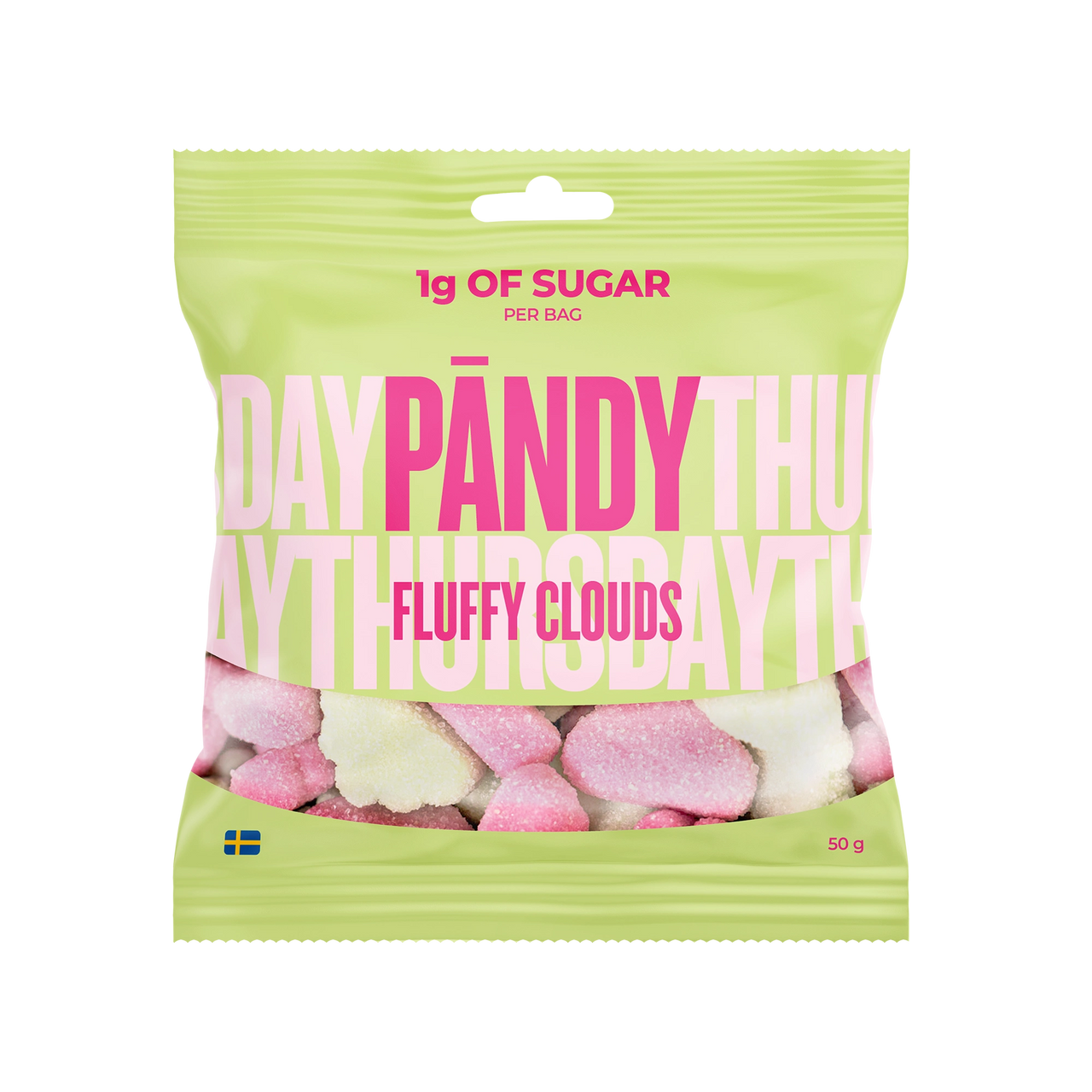 Pändy Candy 50 g Fluffy Clouds skumgodis i en ljusgrön påse med rosa text för smaken smultron och äpple.