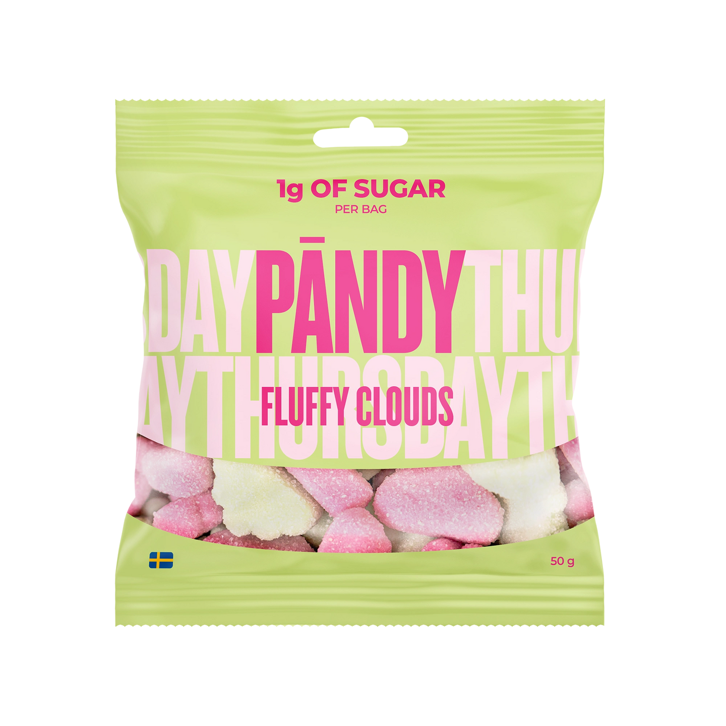 Pändy Candy 50 g Fluffy Clouds skumgodis i en ljusgrön påse med rosa text för smaken smultron och äpple., bild 1 av 1