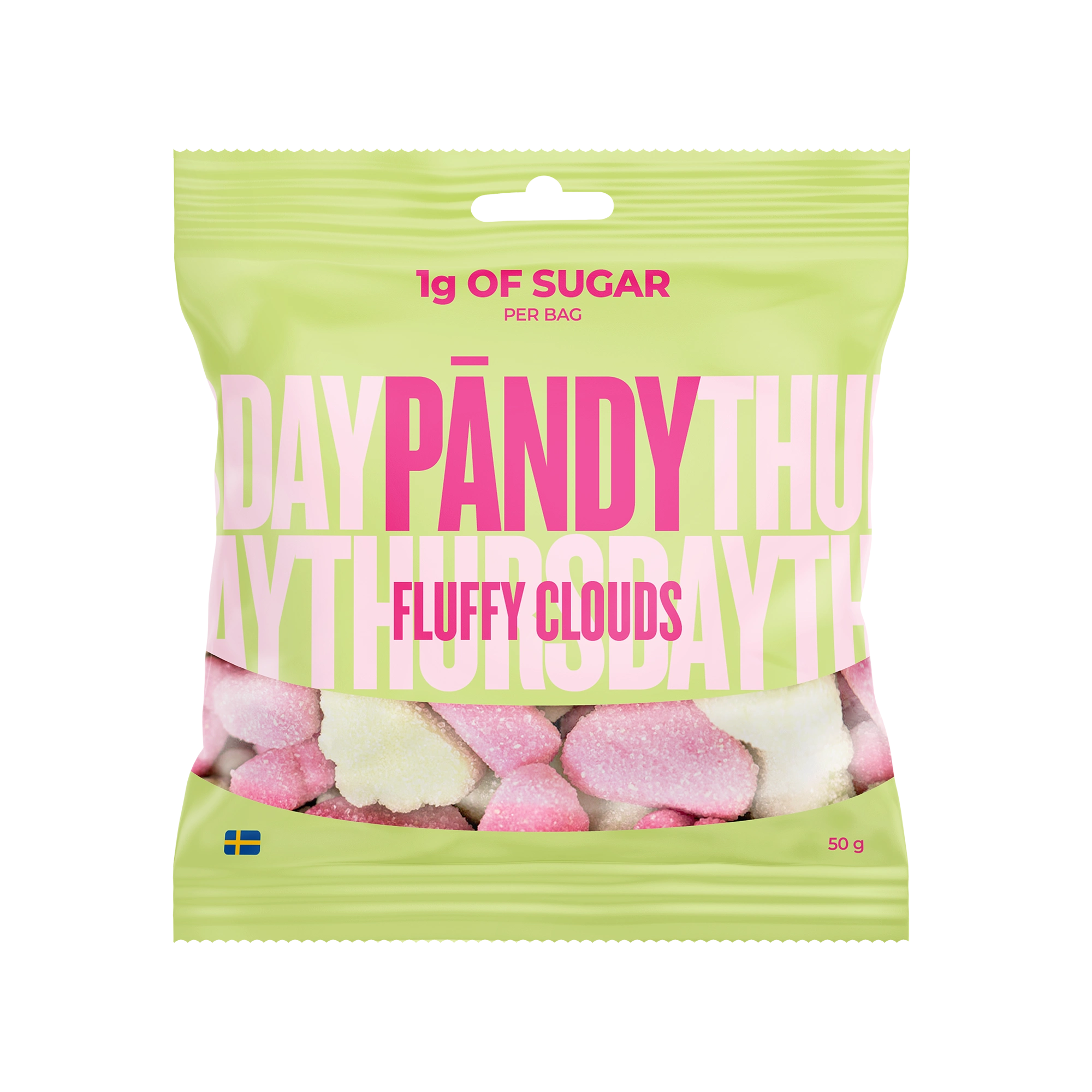 Pändy Candy 50 g Fluffy Clouds skumgodis i en ljusgrön påse med rosa text för smaken smultron och äpple., bild 1 av 1