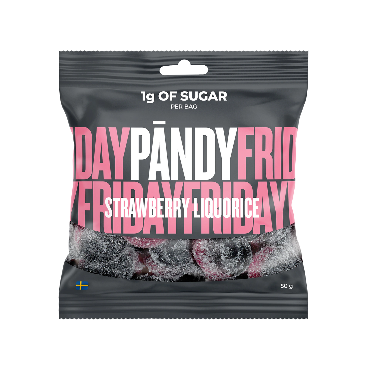 Pändy Candy 50 g gelégodis i en mörkgrå påse med rosa text för smaken Strawberry/Liquorice.