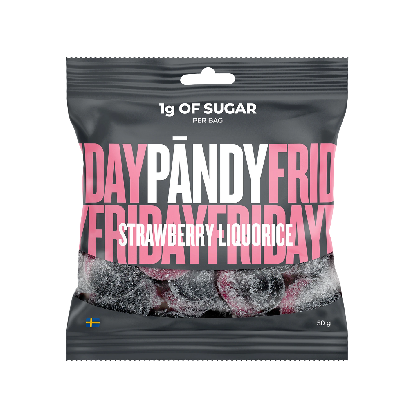 Pändy Candy 50 g gelégodis i en mörkgrå påse med rosa text för smaken Strawberry/Liquorice., bild 1 av 1