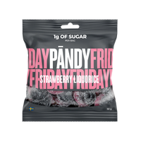 Pändy Candy 50 g gelégodis i en mörkgrå påse med rosa text för smaken Strawberry/Liquorice.