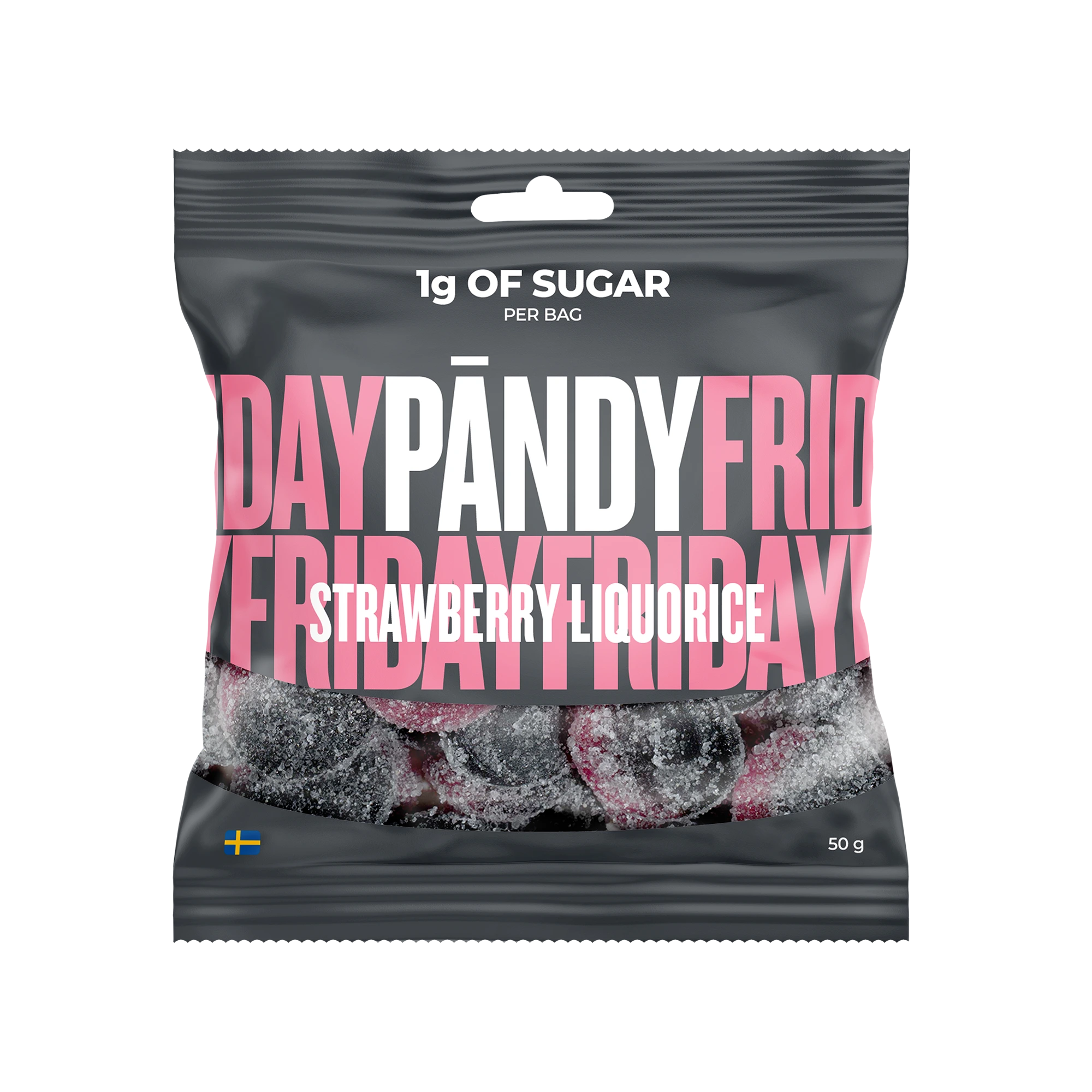 Pändy Candy 50 g gelégodis i en mörkgrå påse med rosa text för smaken Strawberry/Liquorice., bild 1 av 1