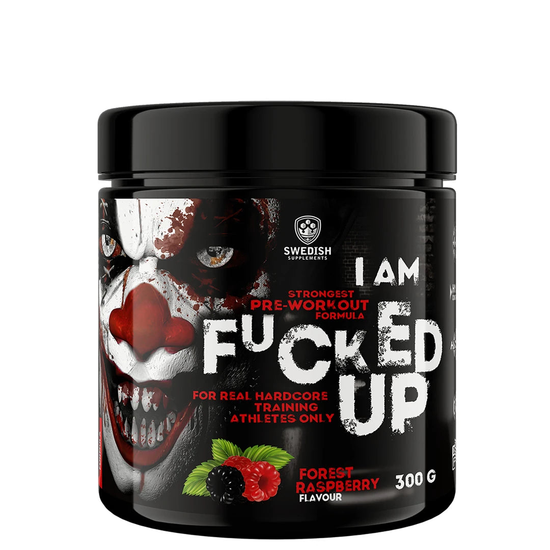 Swedish Supplements Fu*ked up Joker Edition PWO 300 g i en svart burk med jokermotiv för smaken Forest Raspberry.