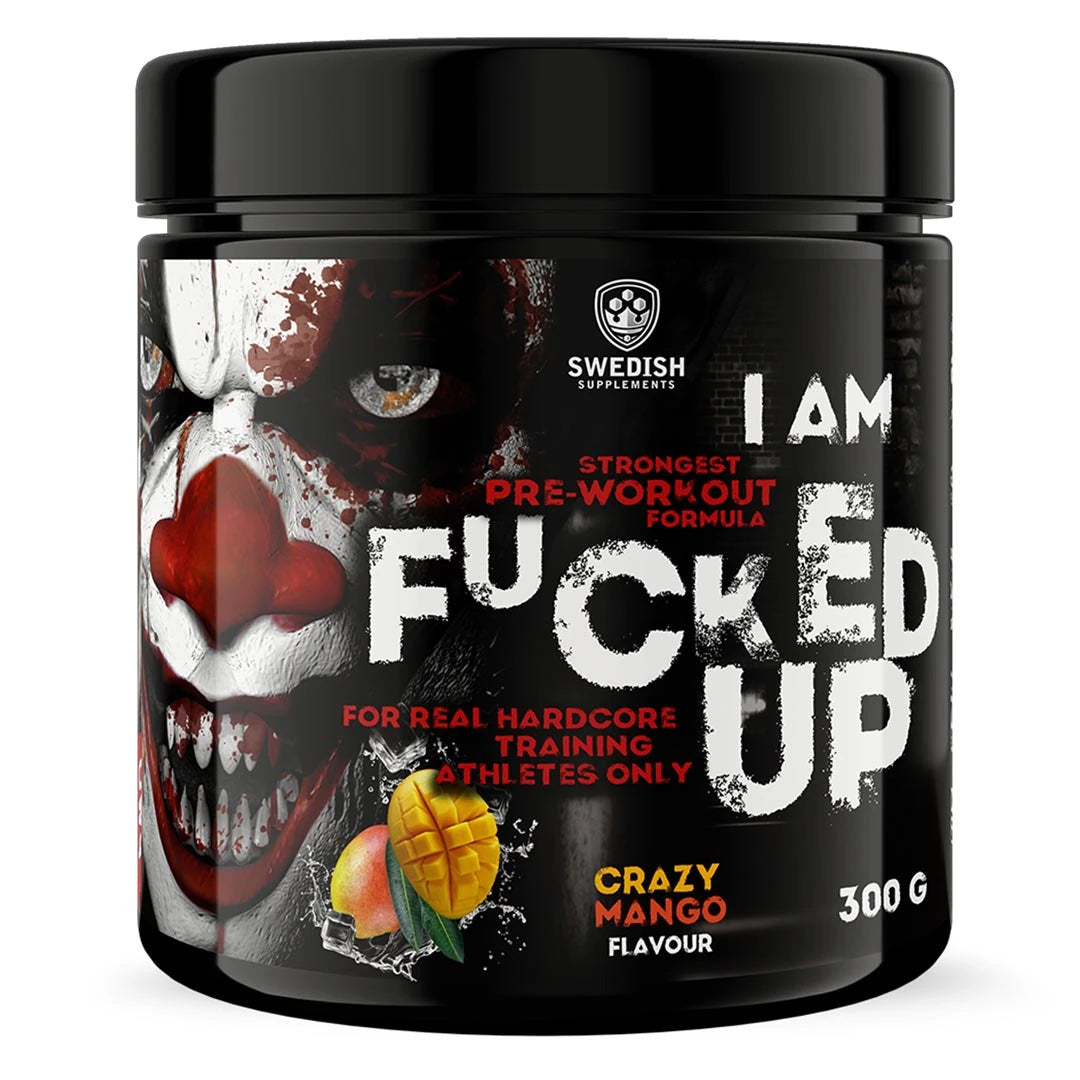 Swedish Supplements Fu*ked up Joker Edition PWO 300 g i en svart burk med jokermotiv för smaken Crazy Mango., bild 3 av 8