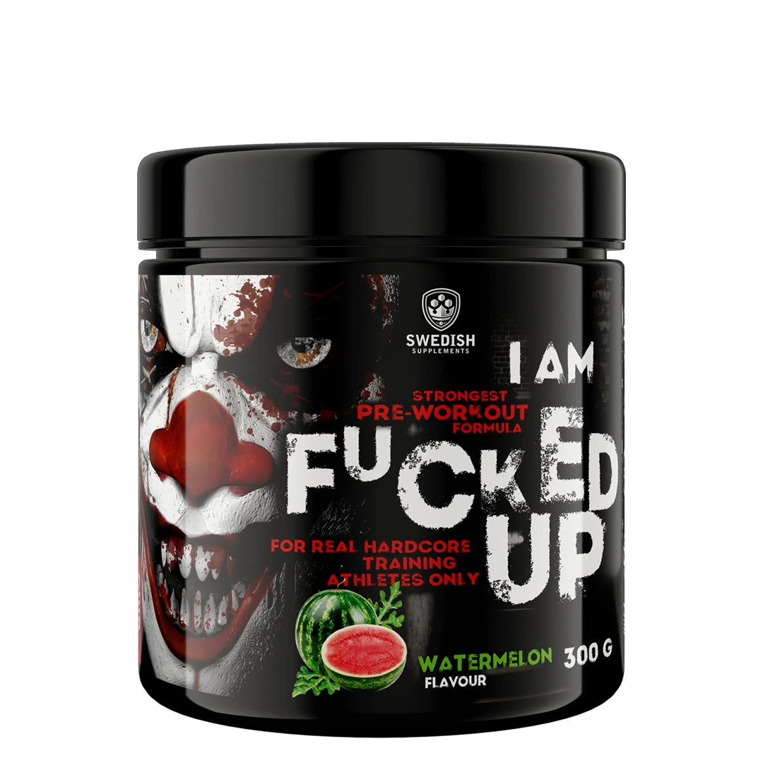 Swedish Supplements Fu*ked up Joker Edition PWO 300 g i en svart burk med ett clownmotiv för smaken Watermelon.