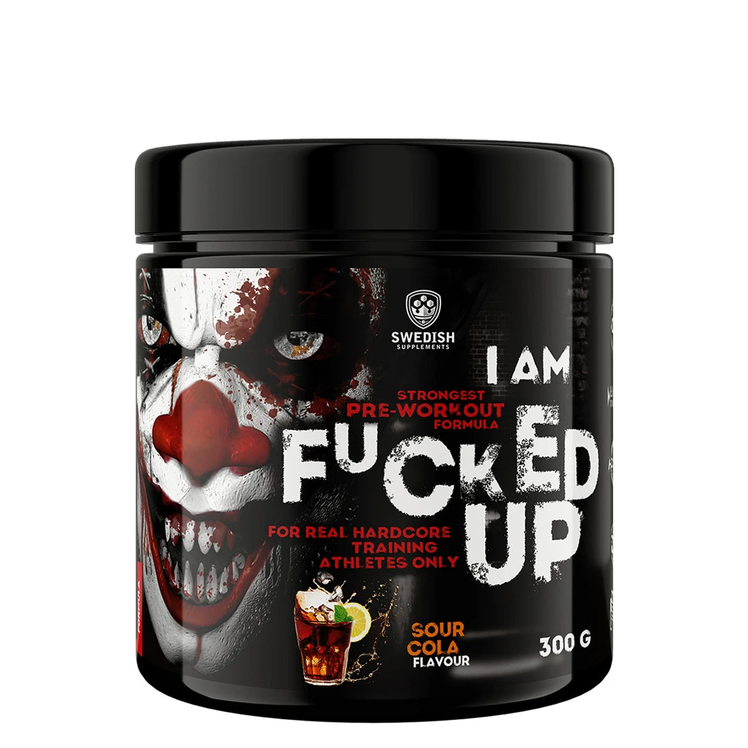 Swedish Supplements Fu*ked up Joker Edition PWO 300 g i en svart burk med clownmotiv och smaken Sour Cola., bild 4 av 8