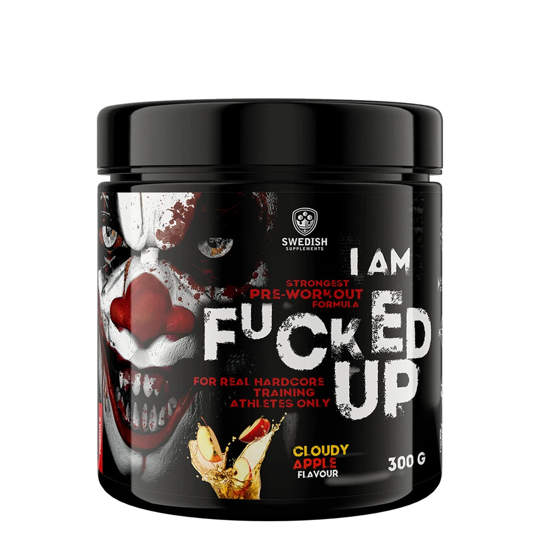 Swedish Supplements Fu*ked up Joker Edition PWO 300 g i en svart burk med clownmotiv och äpplen för smaken Cloudy Apple., bild 5 av 8