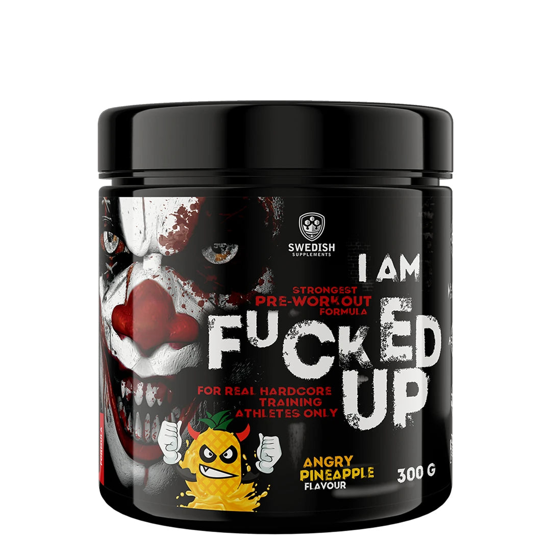 Swedish Supplements Fu*ked up Joker Edition PWO 300 g i en svart burk med jokermotiv för smaken Angry Pineapple., bild 6 av 8