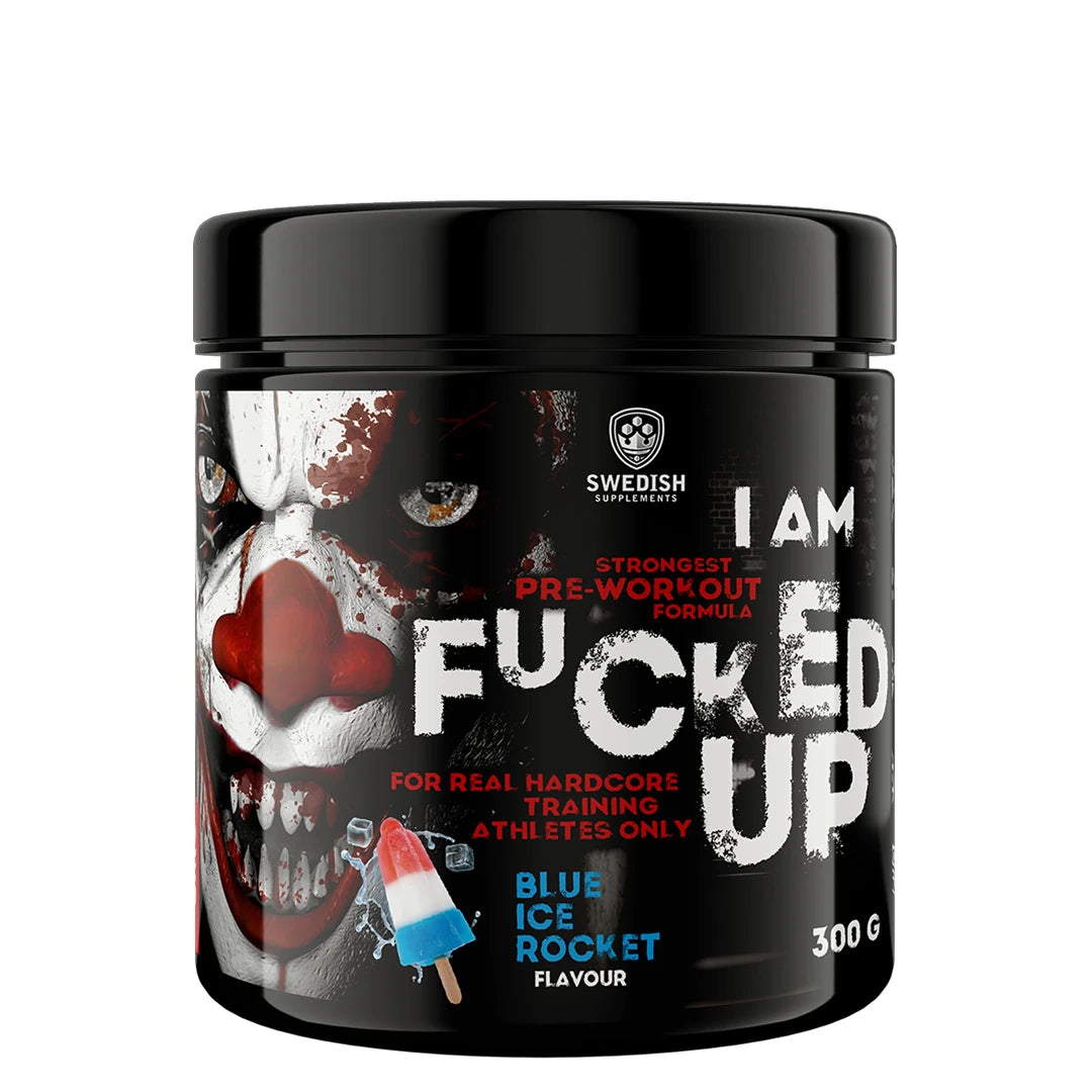 Swedish Supplements Fu*ked up Joker Edition PWO 300 g i en svart burk med clownmotiv för smaken Blue Ice Rocket., bild 7 av 8