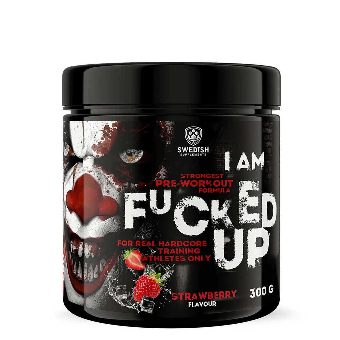 Swedish Supplements Fu*ked up Joker Edition PWO 300 g i en svart burk med jokermotiv och jordgubbar för smaken Strawberry., bild 8 av 8