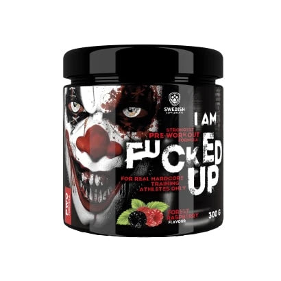Swedish Supplements Fu*ked up Joker Edition PWO 300 g i en svart burk med ett skräckinjagande jokeransikte och smaken Forest Raspberry.