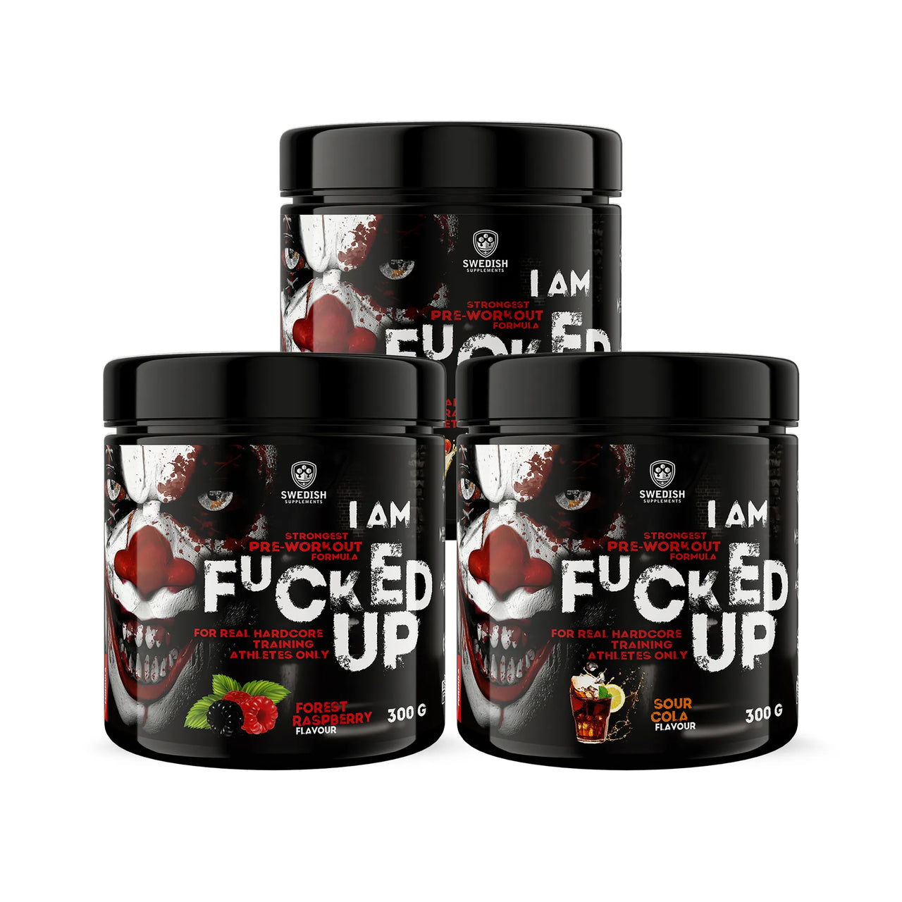 3 x Swedish Supplements Fu*ked up Joker Edition PWO 300 g i tre svarta burkar med en unik clowndesign.