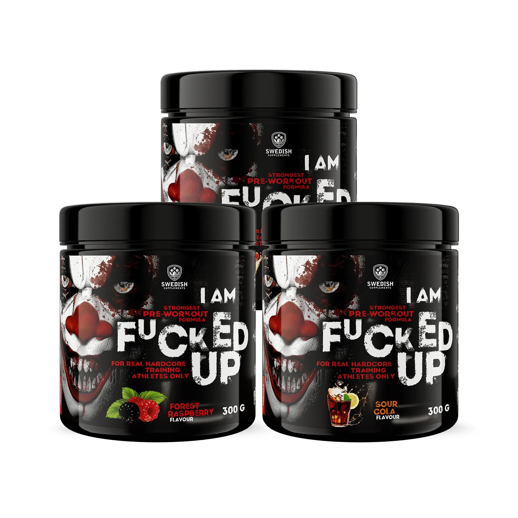 3 x Swedish Supplements Fu*ked up Joker Edition PWO 300 g i tre svarta burkar med en unik clowndesign.