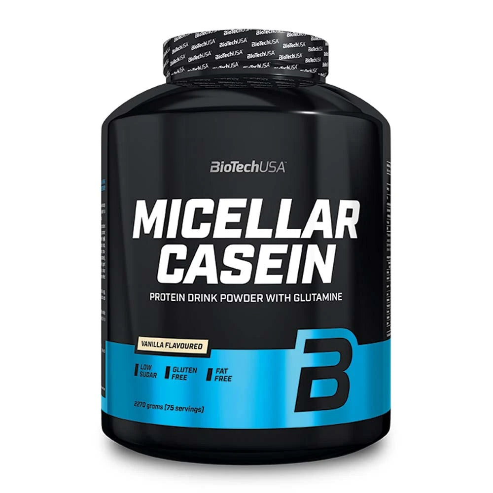 BioTechUSA Micellar Casein 2.27 kg proteinpulver i en svart plastburk med ljusblå detaljer och vit text.