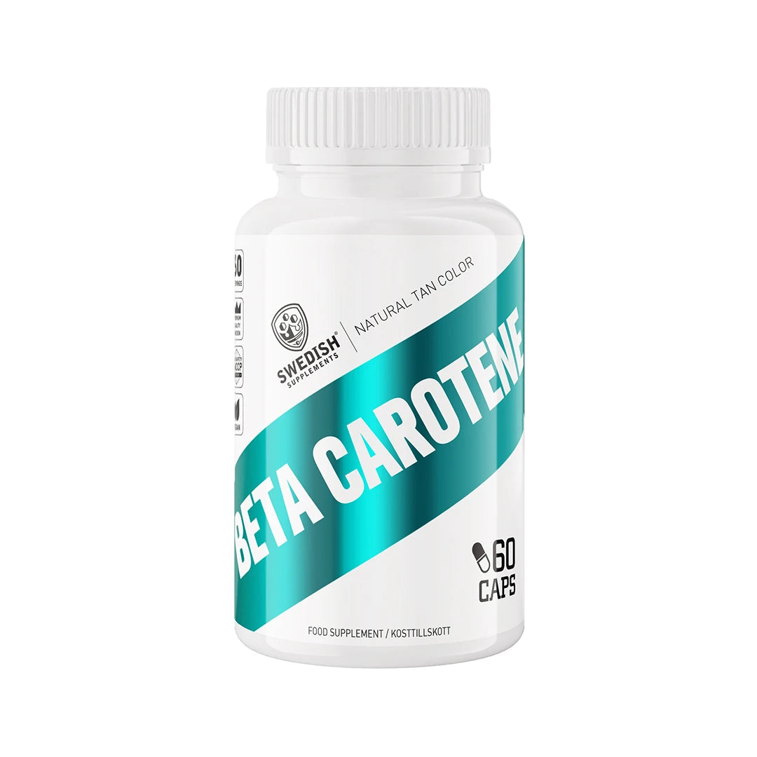 Swedish supplements Beta Caroten 60 caps i en vit burk med turkosa detaljer, för en naturligt solbrun hud.