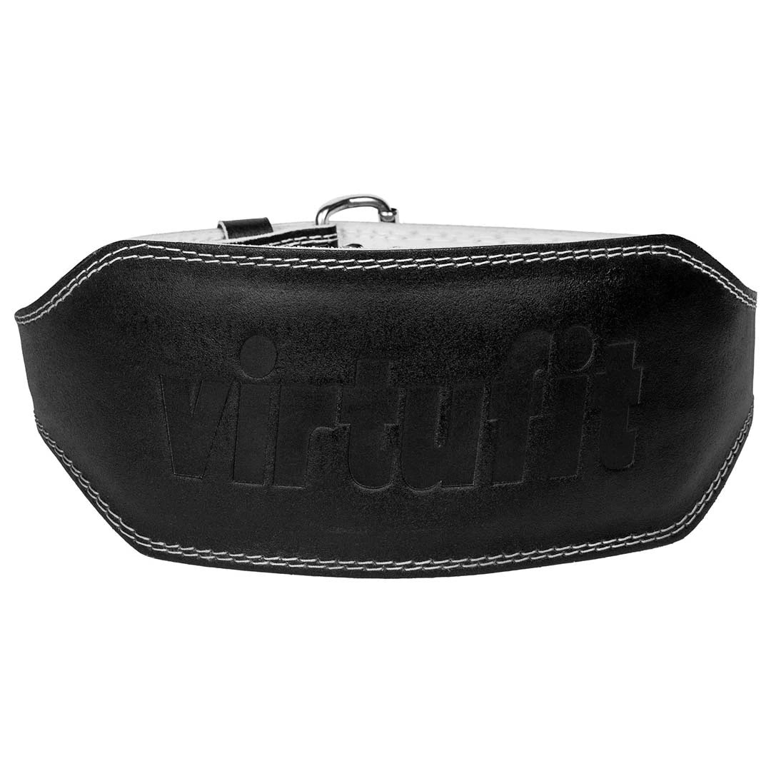 Virtufit Lifting Belt Pro Black i svart läder med exklusiv präglad logotyp och ljusa kontrastsömmar.