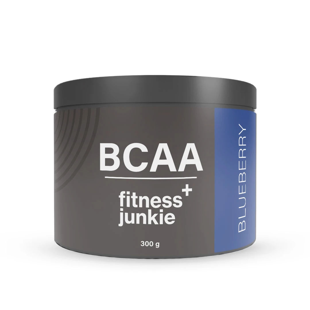 fitnessjunkie BCAA 300 g aminosyror i pulverform, mörkgrå burk med blå detaljer för smaken Blueberry.