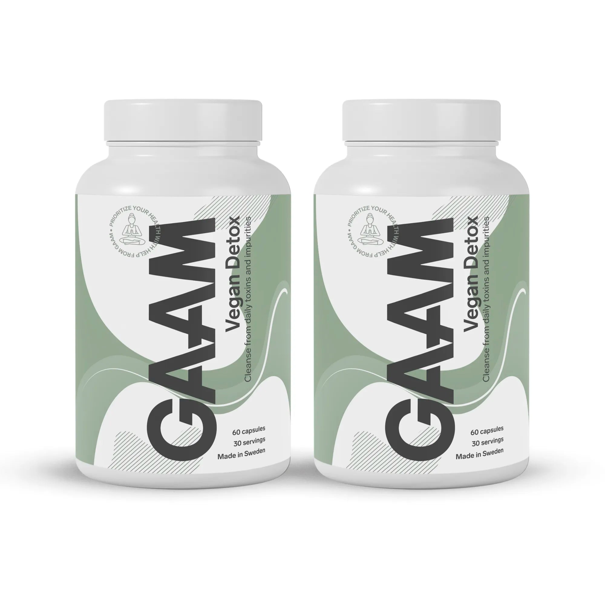 2 x GAAM Vegan Detox 60 caps i två vita burkar med grönt mönster och svart text.